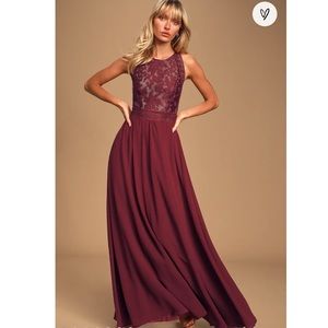 Lulus Forever and Always Burgundy Lace Maxi Dress